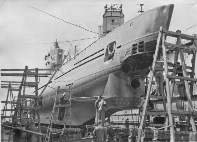 Submarine U3 in dry dock Eriksberg, Gothenburg. Work on hydrophones.