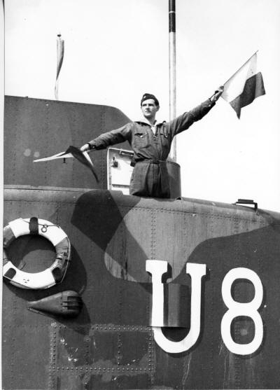 Submarine U8 Signalman semaphoring.