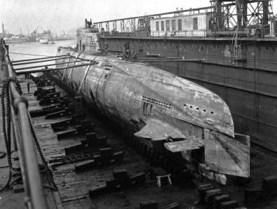 German submarine U3503 in a floating dock in Gothenburg.